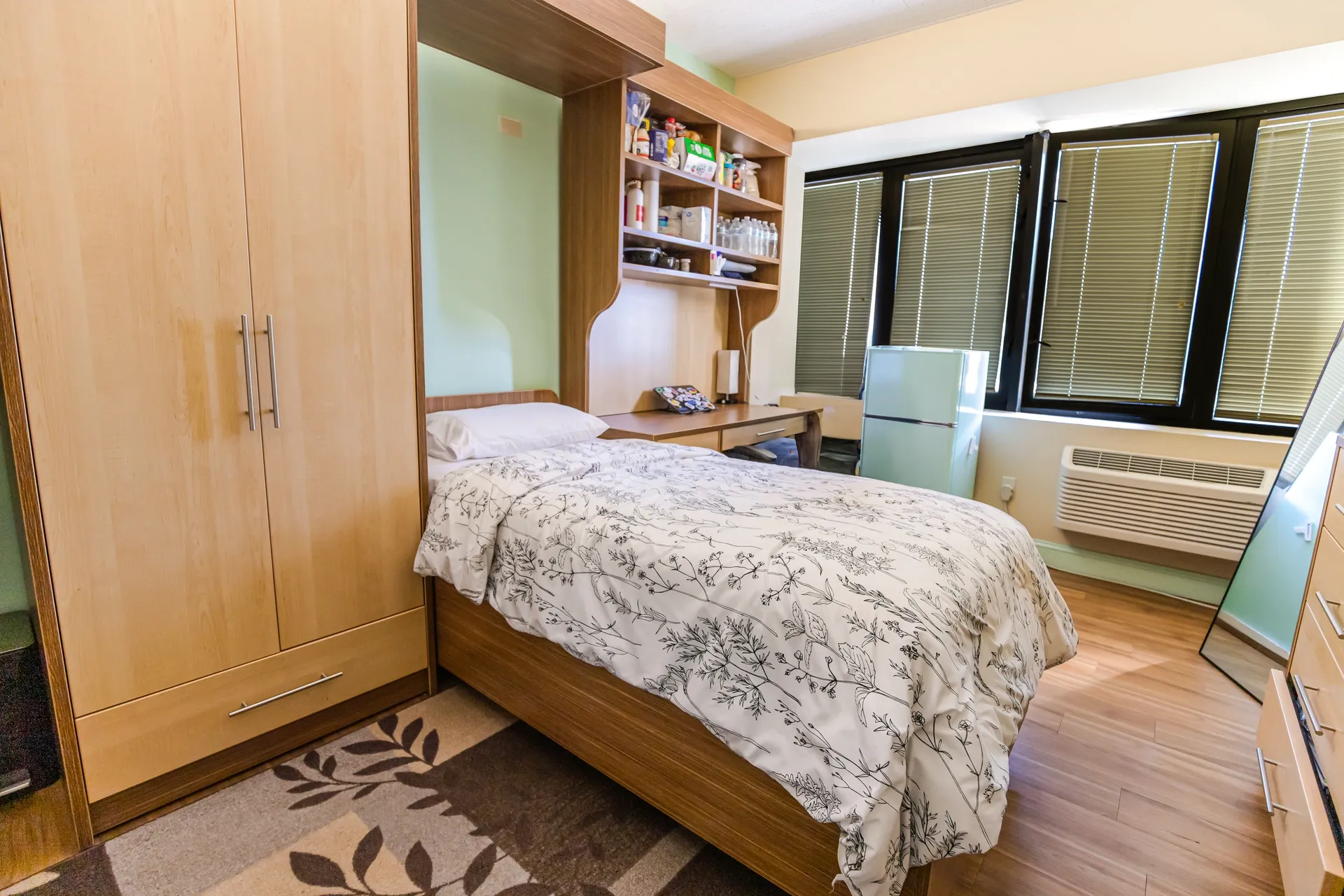 Dorm room with bed